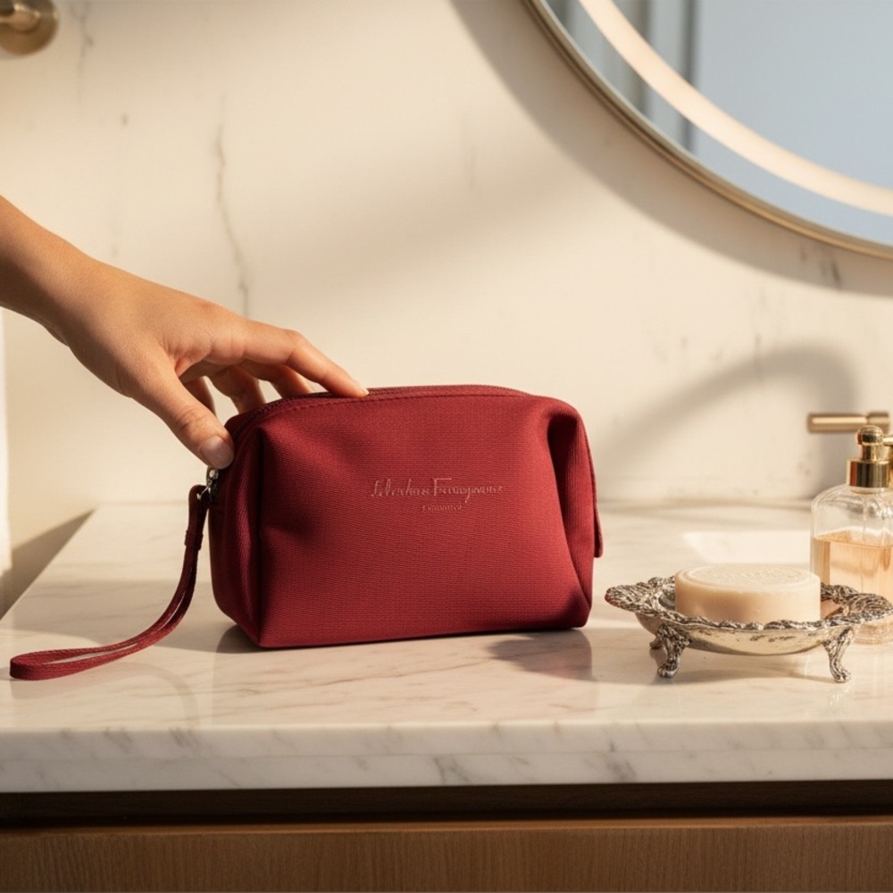 Salvatore Ferragamo Canvas Cosmetics Bag in a beautiful shade of burgundy